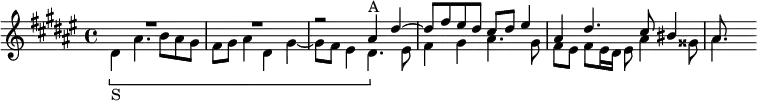 \new Staff { \key dis \minor \time 4/4 \mergeDifferentlyHeadedOn \mergeDifferentlyDottedOn \relative a' <<
  { R1 R1 | r2 ais4^"A" dis ~ | dis8 fis eis dis cis dis eis4 |
    ais, dis4. cis8 bis4 | ais8 } \\
  { \[ dis,4_"S" ais'4. b8 ais gis | fis gis ais4 dis, gis ~ |
    gis8 fis eis4 dis4. \] eis8 | fis4 gis ais4. gis8 |
    fis eis fis eis16 dis eis8 ais4 gisis8 | ais4. } >> }