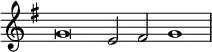 \relative g' { \key g \major \override Score.TimeSignature #'stencil = ##f \time 4/1 g\breve e2 fis g1 }