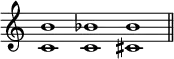 { \override Score.TimeSignature #'stencil = ##f \time 3/1 <b' c'>1 <bes' c'> <bes' cis'> \bar "||" }