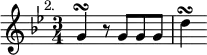 { \relative g' { \key g \minor \time 3/4 \mark \markup \small "2."
 g4\turn r8 g[ g g] | d'4\turn } }