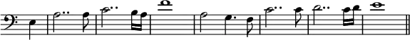 { \override Score.TimeSignature #'stencil = ##f \time 4/4 \partial 4 \clef bass \relative e { e4 | a2.. a8 | c2.. b16 a | f'1 | a,2 g4. f8 | c'2.. c8 | d2.. c16 d | e1 \bar "||" } }