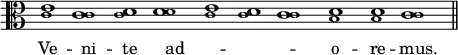 { \override Score.TimeSignature #'stencil = ##f \clef alto \relative c' { \cadenzaOn <e \tweak #'font-size #-2 c>1 <c \tweak #'font-size #-2 c> <d \tweak #'font-size #-2 c> <d \tweak #'font-size #-2 d> <e \tweak #'font-size #-2 c> <d \tweak #'font-size #-2 c> <c \tweak #'font-size #-2 c> <d \tweak #'font-size #-2 b> <d \tweak #'font-size #-2 b> <c \tweak #'font-size #-2 c> \bar "||" } \addlyrics { Ve -- ni -- te ad -- _ _ _ o -- re -- mus. } }