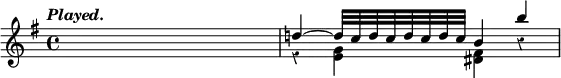 { \new Staff << \tempo \markup \italic "Played." \key e \minor \time 4/4 \override Score.Rest #'style = #'classical
\new Voice \relative d'' { \stemUp
  s1 | d!4 ^~ d32 c d c d c d c b4 b' }
\new Voice \relative g' { \stemDown
  s4 s s s | r4 <g e> <fis dis> r } >> }