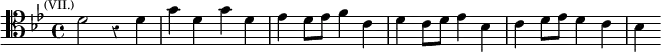 \relative d' { \clef tenor \key bes \major \time 4/4 \override Score.Rest #'style = #'classical \mark \markup \tiny { (VII.) }
  d2 r4 d | g d g d | ees d8 ees f4 c | d c8 d ees4 bes | c d8 ees d4 c | bes }