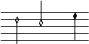 { \override Score.Clef #'stencil = ##f \override Score.TimeSignature #'stencil = ##f \new MensuralVoice d''2 \stemUp c''2 \stemDown e''4 }