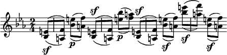 { \time 2/4 \key c \minor \partial 8 { \set doubleSlurs = ##t <e' bes>8([\sf | <f' a>)] <e'' bes'>([\p <f'' a'>)] <e' bes>([^\sf | <f' a>)] <bes'' e''>([\p <a'' f''>)] <e' bes>([^\sf | <f' a>)] <e'' bes'>([\sf <f'' a'>)] <e''' bes''>([\sf | <f''' a''>)] <e'' bes'>([\sf <f'' a'>)] } } 