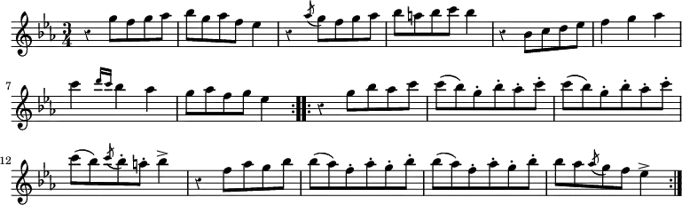 { \time 3/4 \key ees \major \override Score.Rest #'style = #'classical \relative g'' { \repeat volta 2 { r4 g8[ f g aes] | bes g aes f ees4 | r \acciaccatura aes8 g f g aes | bes a bes c bes4 | r bes,8 c d ees | f4 g aes | c \grace { d16[ c] } bes4 aes | g8 aes f g ees4 } \repeat volta 2 { r4 g8 bes aes c | c( bes) g-. bes-. aes-. c-. | c( bes) g-. bes-. aes-. c-. | c( bes) \acciaccatura c8 bes-. a-. bes4-> | r4 f8 aes g bes | bes( aes) f-. aes-. g-. bes-. | bes( aes) f-. aes-. g-. bes-. | bes aes \acciaccatura aes8 g f ees4-> } } }