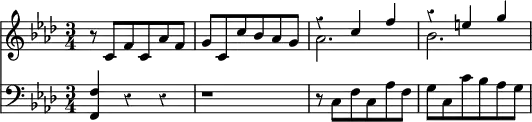 { \override Score.Rest #'style = #'classical \time 3/4 \key aes \major << \relative c' { r8 c f c aes' f g c, c' bes aes g | << { r4 c f r e g } \\ { aes,2. bes2. } >> }
\new Staff { \clef bass \key aes \major \relative f { <f f,>4 r r r1*3/4 | r8 c f c aes' f g c, c' bes aes g } } >> }