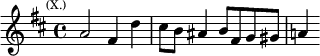 \relative a' { \key d \major \time 4/4 \mark \markup \tiny { (X.) } a2 fis4 d' | cis8 b ais4 b8 fis g gis | a!4 }