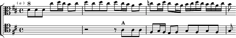  \new ChoirStaff <<
  \new Staff \relative d' { \clef alto \key d \major \time 4/4 \partial 2.. \mark \markup \tiny { ( \italic a ) }
    d8^\markup \bold "S" d d cis' d16 cis b8 cis |
    d cis d cis d cis16 b a8 b |
    c b16 d c8 b16 a b c d c b c a c | b8 }
  \new Staff \relative a { \clef tenor \key d \major
    R2.. | r2 r8 a^\markup \bold "A" a a |
    fis g16 fis e8 fis g fis g fis | g } >> 