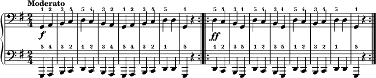 
\new PianoStaff << \override Score.BarNumber  #'transparent = ##t \relative c
\new Staff  { \clef bass \time 2/4 \key g \major \tempo Moderato
g4-1\f a-2 | b-3 c-4 | d-5 c-4 | b-3 a-2 | g-1 a-2 |b-3 c-4 | d-5 d | g,-1 r \bar ":|.|:" d'4-5\ff c-4 | b-3 g-1 |d'-5 c-4 | b-3 g-1 | d'-5 c-4 | b-3 c-4 | d-5 d | g,-1  r \bar ":|."}
\new Staff { \clef bass \key g \major
g,,4-5 a,,-4 | b,,-3 c,-2 | d,-1 c,-2 | b,,-3 a,,-4 | g,,-5 a,,-4 | b,,-3 c,-2 | d,-1 d, | g,,-5 r | d,-1 c,-2 | b,,-3 g,,-5 | d,-1 c,-2 | b,,-3 g,,-5 | d,-1 c,-2 | b,,-3 c,-2 | d,-1 d, | g,,-5 r}
>>
