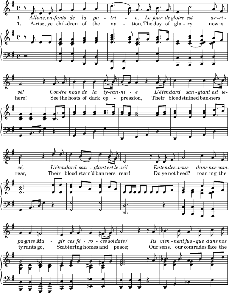 
\relative c'' {
  <<
    \new Voice = "anthem" {
       \omit Score.BarNumber
       \key g \major
       \autoBeamOff
       \partial 2
       r8 d,8 d d
       g4 g a a
       d4.( b8) g8. g16 b8. g16
       e4 c'2 a8 fis8
       \break
       g2 r4 g8. a16
       b4 b b << { \autoBeamOff \slurDown c8.( b16) } \\ { c8.[ b16] } >>
       b8[( a)] a4 r4 << { \autoBeamOff \slurDown a8( b) } \\ { a8[ b] } >>
       c4 c c << { \autoBeamOff \slurDown d8.( c16) } \\ { d8.[ c16] } >>
       \break
       b2 r4 << { \autoBeamOff d8 d } \\ { d4 } >>
       d4 b8[( g)] d'4 << { \autoBeamOff \slurDown b8( g) } \\ { b8[ g] } >>
       d2 r8 d8 d fis
       a2 c4 a8 fis
       \break
       g4 g f2
       e4 g8 g g4 << { \autoBeamOff \slurDown fis!8( g) } \\ { fis8[ g] } >>
       a2 r4 r8 a8
       bes4. bes8 a bes c d%last note causes an error
    }
    \new Lyrics \lyricmode {
      \set associatedVoice = #"anthem"
        \set stanza = \markup {\italic "1. "}
        \override LyricText #'font-shape = #'italic
        \skip8
        Al8 -- lons, en -- fants4 de la pa -- tri2 -- e,8.
        Le16 jour8. de16 gloire4 est2 ar8 -- ri -- vé!2
        \skip4 Con8. -- tre16 nous4 de la ty8. -- ran16 -- ni4 -- e
        \skip4 L'é8 -- ten -- dard4 san -- glant est8. le16 -- vé,2
        \skip4 L'é8 -- ten -- dard4 san -- glant est8 le8 -- vé!2
        \skip8 En8 -- ten -- dez -- vous2 dans4 nos8 cam -- pa4 -- gnes
        Mu2 -- gir4 ces8 fé -- ro4 -- ces8 sol -- dats?2
        \skip4. Ils8 vien4. -- nent8 jus -- que dans nos
    }
    \new Lyrics \lyricmode {
      \set associatedVoice = #"anthem"
        \set stanza = #"1. "
        \skip8
        A8 -- rise, ye chil4 -- dren of the na2 -- tion,8.
        The16 day8. of16 glo4 -- ry2 now8 is here!2
        \skip4 See8. the16 hosts4 of dark op -- pres -- sion,
        \skip4 Their blood -- stained ban -- ners rear,2
        \skip4 Their4 blood -- stain'd ban -- ners rear!2
        \skip8 Do8 ye not heed?2 roar4 -- ing8 the ty4 -- rants go,2
        Scat4 -- ter8 -- ing homes4 and peace;2
        \skip4. Our8 sons,4. our8 com -- rades face the
    }
    \new PianoStaff <<
      \new Staff {
       \key g \major
       \partial 2
        r8 d,8 d[ d]
        <b d g>4 q <d fis a> q
        <d g b d>4. <d g b>8 <b d g>8.[ g'16] <d g b>8.[ g16]
        <c, e>4 <c e a c>( <c d fis c'>) << { a'8 fis } \\ { <c d>4 } >>
        \break
        <b d g>4 q q <b g'>8. <d a'>16
        <g b>4 q q <a c>8. <g b>16
        <g b>8 <fis a> q2 q8 <g b>8
        <d a' c>4 q q <fis d'>8.[ c'16]
        \break
        <d, g b>2. <d d'>8[ q]
        <d b' d>4 b'8[ g] q4 b8[ g]
        d8[ d16 d] d8[ d] d[ d d fis]
        << { a2 c4 a8[ fis] } \\ { <d fis>4 q <c fis> <c d> } >>
        \break
        << { g'2 f } \\ { <g, d'>4 q <b d> q } >>
        << { e4 g8[ g] g4 fis!8[ g] } \\ { c,4 <c e> <a cis> q } >>
        <d fis a>2. r8 a'8
        << { bes4. bes8 a[ bes] c[ d] } \\ { <d, g>4 q q q } >>
      }
      \new Staff {
        \clef "bass"
        \key g \major
        \partial 2
        r2
        <g,, g'>4 q <d d'> q
        <g, g'> q <g' g'> q
        <c, c'> q <d d'> q
        \break
        <g g'> b8.[ d16] g4 r4
        g, b d g
        d, fis a d
        d, fis a d
        \break
        g, b8.[ d16] g4 r4
        <g, g'>2 q
        <d d'>2. r4
        <c c'>4 q <a a'> q
        \break
        <b b'> q <g g'> q
        <c c'> q <ees ees'> q
        <d d'> q q r4
        d g bes d
      }
    >>
  >>
}
