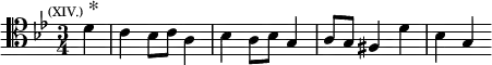 \relative d' { \key g \minor \time 3/4 \partial 4 \clef tenor \mark \markup { \tiny "(XIV.)" * } d4 | c bes8 c a4 | bes a8 bes g4 | a8 g fis4 d' | bes g }