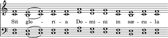 << \override Score.TimeSignature #'stencil = ##f \new Staff << \new Voice = "treble" \relative f' { \cadenzaOn f1 e^( f) f f a g g f e f f s }
\new Voice \relative c' { \cadenzaOn c1 b( c) c c e d d c b c c }
\new Lyrics \lyricsto "treble" { Sit glo -- ri -- a Do -- mi -- ni in sæ -- cu -- la etc. } >>
\new Staff << \clef bass \new Voice { \cadenzaOn \stemUp f1 e^( f) f f a g g f e f f } \new Voice { \cadenzaOn \stemDown c1 b,_( c) c c e d d c b, c c s } >> >>