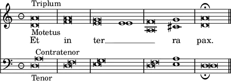 << \override Score.TimeSignature #'style = #'neomensural
 \new Staff << \time 3/2 \new Voice \relative a' { \cadenzaOn a\breve^"Triplum" \bar "|" a \bar "|" g e1 \bar "|" f\breve g1 \bar "|" a\breve\fermata \bar "||" }
\new Voice \relative d' { \cadenzaOn d\breve_"Motetus" f e e1 a,\breve cis1 d\breve }
\addlyrics { Et in ter __ _ _ ra pax. } >>
 \new Staff << \clef bass \new Voice { \cadenzaOn a\breve^"Contratenor" f g s1 f\breve e1 d\breve }
  \new Voice { \cadenzaOn d\breve_"Tenor" d e s1 d\breve a1 d\breve_\fermata } >> >>