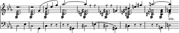 { \override Score.TimeSignature #'stencil = ##f \override Score.Rest #'style = #'classical << \new Staff { \time 3/4 \key ees \major << \new Voice { \relative g' { \stemUp r2. r2 g4^\( | c ees g\) | aes2. ^~ aes4 r r | r r g, | cis e gis | a2. ^~ | <a a,! f>4_\markup { \halign #-1 etc. } } }
\new Voice { \relative c' { \stemDown <c ees g>2.:16 q2.:16 q2.:16 <c ees aes>2.:16 <cis e gis>2.:16 q2.:16 q2.:16 <cis e! a>2:16 <cis f a>4:16 d2 } } >> }
\new Staff { \clef bass \key ees \major \stemDown c2 ees4 | c2 g,4 | c r r | r r gis, | cis2 e4\( | cis2 gis,4\) | cis4 r r | r r a, | d!2 } >> }