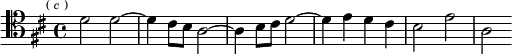  \relative d' { \clef tenor \key d \major \time 4/4 \mark \markup \tiny { ( \italic c ) }
  d2 d ~ | d4 cis8 b a2 ~ | a4 b8 cis d2 ~ | d4 e d cis | b2 e | a, }