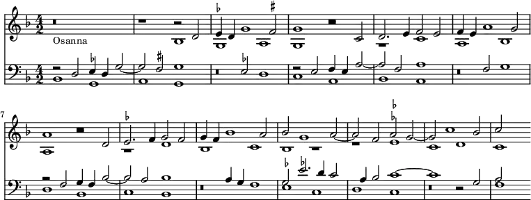 << \time 4/2 
\new Staff { \key f \major << \new Voice { \relative d' { \stemUp
  r\breve | r1 r2 d | \set suggestAccidentals = ##t ees4 d g1 fis2 |
  g1 r2 c, | d2. e4 f2 e | f4 e a1 g2 |
  a1 r2 d, | ees2. f4 g2 f | g4 f \set suggestAccidentals = ##f bes1 a2 |
  bes2 g1 a2 ~ | a f \once \set suggestAccidentals = ##t aes2 g ~ | g c1 bes2 | c } }
\new Voice { \relative b {
  r\breve_\markup { \smaller Osanna } | r1 bes | g a |
  g r | r c | a bes |
  a r | r d | bes c |
  bes r | r \once \set suggestAccidentals = ##t ees | c d | c } }
>> }
\new Staff { \clef bass \key f \major << \new Voice { \stemUp
  \set suggestAccidentals = ##t r2 d ees4 d g2 ~ | g fis g1 | s2 ees d1 |
  r2 e f4 e a2 ~ | a f a1 | s2 f g1 |
  \set suggestAccidentals = ##f r2 f g4 f bes2 ~ | bes a bes1 | s2 a4 g f1 |
  g2 \once \set suggestAccidentals = ##t ees'2. d'4 c'2 | s4 a bes2 c'1 ~ | c' r2 g | a }
\new Voice { \relative b, { \stemDown
  bes1 g | a g | r\breve |
  c1 a | bes a | r\breve |
  d1 bes | c bes | r\breve |
  \once \set suggestAccidentals = ##t ees1 c | d c | r\breve | f1 } } >> }
>> 