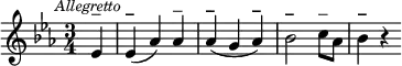 \relative c' {\clef treble
\key ees \major
\time 3/4
\override Score.RehearsalMark #'break-align-symbol = #'time-signature
\mark \markup { \small \italic "Allegretto" }
\partial 4*1 ees4^\markup{–} |
ees^\markup{\bold –}( aes) aes^\markup{–} | 
aes^\markup{\bold –}( g aes^\markup{\bold –}) | 
bes2^\markup{\bold –} c8^\markup{–} aes | 
bes4^\markup{\bold –} r4}
