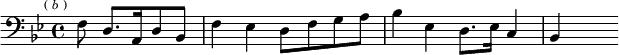 
\relative f { \clef bass \key bes \major \time 4/4 \partial 8*5 \mark \markup \tiny { ( \italic b ) } f8 d8.[ a16 d8 bes] | f'4 ees d8[ f g a] | bes4 ees, d8. ees16 c4 | bes s }