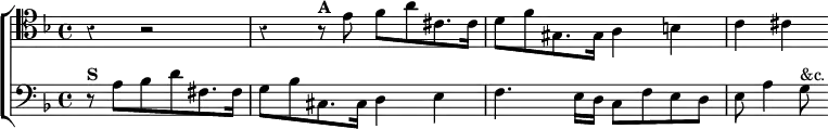  \new ChoirStaff << \override Score.Rest #'style = #'classical
  \new Staff \relative e' { \clef tenor \key d \minor \time 4/4 \partial 2.
    r4 r2 | r4 r8^\markup \bold "A" e f[ a cis,8. cis16] |
    d8[ f gis,8. gis16] a4 b | c cis }
  \new Staff \relative a { \clef bass \key d \minor
    r8^\markup \bold "S" a[ bes d fis,8. fis16] |
    g8[ bes cis,8. cis16] d4 e |
    f4. e16 d c8[ f e d] | e a4 g8^"&c." } >>