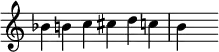 { \override Score.TimeSignature #'stencil = ##f \time 6/4 \relative c'' { bes4 b c cis d c | b s } }