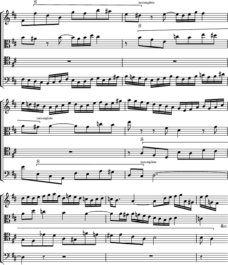 \new ChoirStaff << \override Score.TimeSignature #'stencil = ##f \override Score.BarNumber #'break-visibility = #'#(#f #f #f) \override Score.Rest #'style = #'classical
  \new Staff \relative f' { \key b \minor \time 4/4
    fis8 \[ fis'^"S" d b g' fis b ais |
    e dis^\markup \teeny "incomplete" \] r e ~ e16 dis e g fis4 |
    e16 d! cis! b a b cis e d b cis e fis d e gis |
    a g fis e d cis b a g e fis a b g a cis |
    d e d e fis g a fis d f e d c b c d |
    c b8. a4 ~ a8 d16 e fis g a, gis e' fis g,! fis  s8 }
  \new Staff \relative b' { \clef alto \key b \minor
    b8 ais r b ~ b16 ais b d cis4 |
    r8 \[ b^"S" g e c' b e dis |
    a gis^\markup \teeny "incomplete" \] a4 ~ a8 gis c b |
    e r r fis, d4 r8 g |
    a d c4 b a ~ | a8 a16 gis a g fis e d cis b cis d4 | c4 s8_"&c." }
  \new Staff \relative a { \clef tenor \key b \minor
    R1*3 r8 \[ a^"S" fis d b' a d cis |
    g fis ees' d a gis f' e | dis e cis a b2 | b8 a4 \] }
  \new Staff \relative f { \clef bass \key b \minor
    fis16 e d cis b cis d fis e cis d fis g e fis ais |
    b a! g fis e fis g b a fis g b c a b dis |
    e8 \[ e,^"S" cis a fis' e a gis | 
    d cis^\markup \teeny "incomplete" \] d2. ~ d4 r r2 R1 r4 s8 } >>