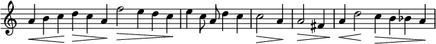 { \override Score.TimeSignature #'stencil = ##f \relative a' { \cadenzaOn a4\< b c\! d\> c a\! f'2\> e4 d c\! \bar "|" e c8 a d4 c \bar "|" c2\> a4\! \bar "|" a2\> fis4 \bar "|" a4\< d2\! c4\> b bes a\! \bar "|" } }