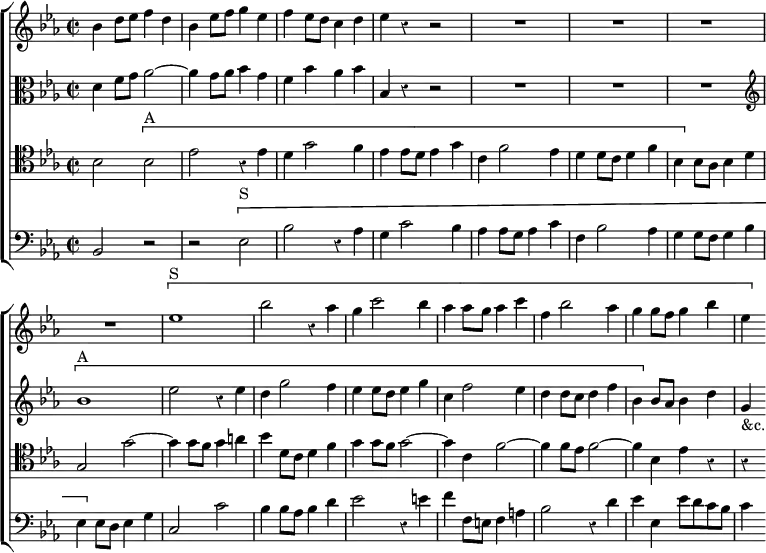 \new ChoirStaff << \override Score.Rest #'style = #'classical \override Score.BarNumber #'break-visibility = #'#(#f #f #f)
  \new Staff \relative b' { \key ees \major \time 2/2
    bes4 d8 ees f4 d | bes ees8 f g4 ees | f ees8 d c4 d |
    ees r r2 | R1*4 \[ ees1^"S" bes'2 r4 aes | g c2 bes4 |
    aes aes8 g aes4 c | f, bes2 aes4 | g g8 f g4 bes | ees, \] }
  \new Staff \relative d' { \clef alto \key ees \major
    d4 f8 g aes2 ~ | aes4 g8 aes bes4 g | f bes aes bes |
    bes, r4 r2 | R1*3 \clef treble | \[ bes'1^"A" ees2 r4 ees |
    d g2 f4 | ees ees8 d ees4 g | c, f2 ees4 |
    d4 d8 c d4 f | bes, \] bes8 aes bes4 d | g,_"&c." }
  \new Staff \relative b { \clef tenor \key ees \major
    bes2 \[ bes^"A" ees r4 ees | d g2 f4 | ees ees8 d ees4 g |
    c, f2 ees4 | d d8 c d4 f | bes, \] bes8 aes bes4 d |
    g,2 g' ~ | g4 g8 f g4 a | bes d,8 c d4 f | g g8 f g2 ~ |
    g4 c, f2 ~ | f4 f8 ees f2 ~ | f4 bes, ees r | r }
  \new Staff \relative b, { \clef bass \key ees \major
    bes2 r | r \[ ees^"S" | bes' r4 aes | g c2 bes4 |
    aes aes8 g aes4 c | f, bes2 aes4 | g g8 f g4 bes |
    ees, \] ees8 d ees4 g | c,2 c' | bes4 bes8 aes bes4 d |
    ees2 r4 e | f f,8 e f4 a | bes2 r4 d | ees ees, ees'8 d c bes | c4 } >>