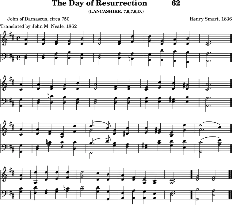 \version "2.16.2" 
resurrectionPoet = \markup { \center-column { "John of Damascus, circa 750" "Translated by John M. Neale, 1862" } }
\header { tagline = ##f title = \markup { "The Day of Resurrection" "          " "62" } subsubtitle = "(LANCASHIRE. 7,6,7,6,D.)" composer = "Henry Smart, 1836" poet = \resurrectionPoet }
\score { << << \new Staff { \key d \major \time 4/4 \partial 4 \relative a' {
  <a d,>4 | q <fis d> <g d> <b d,> |
  <a d,>2 <fis d>4 <fis d'> |
  <g d'> <g d> <a d,> <b d,> | <e, cis>2. \bar "||" \break
  <a cis,>4 | <a d,> <fis d> <g d> <b d,> |
  <a d,>2 <fis d>4 q |
  <e cis> <e cis'> <d b'> <d gis> | <cis a'>2. \bar "||" \break
  q4 | <d a'> <fis d> <d a> <fis d'> |
  << { d'4.( b8) } \\ { g2 } >> <g d>4 <b dis,> |
  <b e,> <gis e> <e b> <e' gis,> |
  << { e2( cis4) } \\ { a2. } >> \bar "||" \break
  <a e>4 | <d a,> <d d,> <d e,> <d fis,> |
  <d g,>2 <cis d,>4 <b d,> |
  <a d,> <fis d> <e a,> <cis a> |
  <d a>2. \bar "|." 
  \cadenzaOn <g d>2 <fis d> \bar ".." } }
\new Staff { \clef bass \key d \major \relative d {
  <d fis>4 | q <d a'> <d b'> <d g> |
  <d fis>2 <d a'>4 <c a'> |
  <b g'> <b d'> <a cis'> <g b'> | <a a'>2. %end line 1
  <a g'>4 | <d fis> <d c'> <d b'> <d g> |
  <d fis>2 <d a'>4 q |
  <e a> q <e gis> <e b'> | <a, a'>2. %end line 2
  <a g'>4 | <d fis> <a' c> <fis c'> <d c'> |
  << { b'4.( d8) } \\ { g,,2 } >> <g' b>4 <fis a> |
  <e gis> <b' d> <gis d'> <e d'> |
  <a, cis'>2( <a' e'>4) %end line 3
  <g cis>4 | <fis d'> <fis a> <g b> <a c> |
  <b d>2 <g d'>4 <g g,> |
  <fis a,> <a a,> <g a,> <e a,> | 
  <d fis>2. |
  \cadenzaOn <g, b'>2 <d' a'> } } >> >>
\layout { indent = #0 }
\midi { \tempo 4 = 112 } }
