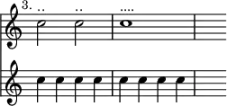 \relative c'' << { \override Score.TimeSignature #'stencil = ##f } \time 4/4 \new staff { \mark \markup \small "3."  c2^\markup { .. } c2^\markup { .. } | c1^\markup { .... } | s2 }
\new staff { c4 c c c | c c c c | s2 } >> 