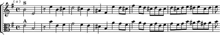  \new ChoirStaff << \override Score.BarNumber #'break-visibility = #'#(#f #f #f) \override Score.Rest #'style = #'classical
  \new Staff \relative b' { \key e \minor \time 4/4 \mark \markup \tiny { ( \italic a ) }
    b2^\markup \bold "S" e, | r4 e' b cis |
    d2 cis4 b | ais fis e' d8 cis |
    fis4 e8 d cis d b cis | d cis d e dis e cis dis | e }
  \new Staff \relative e' { \key e \minor \clef alto
    e2^\markup \bold "A" b | r4 b' e, fis |
    g2 fis4 e | dis b a' g8 fis |
    b4 a8 g fis g e fis | g fis g b ais b gis ais | b } >>