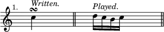 { \time 3/4 \mark \markup \small "1." \override Score.TimeSignature #'stencil = ##f \cadenzaOn s4 c''4\turn^\markup { \italic "Written." } s4. \bar "||" s4 d''16[^\markup \italic { "Played." } c'' b' c''] s4 \bar "||" }