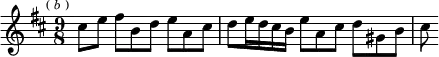 
\relative c'' { \key d \major \time 9/8 \partial 1 \mark \markup \tiny { ( \italic b ) } cis8 e fis b, d e a, cis | d e16 d cis b e8 a, cis d gis, b | cis }