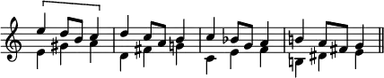 { \new Staff << \override Score.TimeSignature #'stencil = ##f \time 3/4
\new Voice \relative e'' { \stemUp
  \[ e4 d8 b c4 \] | d c8 a b4 |
  c bes8 g a4 | b! a8 fis g4 \bar "||" }
\new Voice \relative e' { \stemDown
  e4 gis a | d, fis g! | c, e f | b,! dis e } >> }