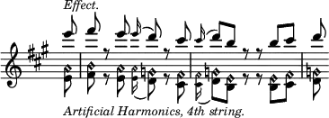 { \override Score.TimeSignature #'stencil = ##f \time 6/8 \key a \major \partial 8 \relative e''' << { e8^\markup { \smaller \italic Effect. } fis r e \appoggiatura e16 d8 r cis \appoggiatura cis16 d8 b r r b cis d } \\ { <a,\harmonic e>8_\markup { \smaller \italic "Artificial Harmonics, 4th string." } <b\harmonic fis> r <a\harmonic e> \appoggiatura <a\harmonic e>16 <g\harmonic d>8 r <fis\harmonic cis> \appoggiatura <fis\harmonic cis>16 <g\harmonic d>8 <e\harmonic b> r r <e\harmonic b> <fis\harmonic cis> <g\harmonic d> } >> }