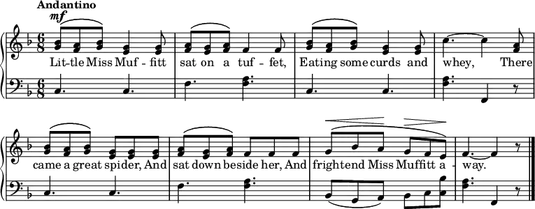 
\new PianoStaff << \override Score.BarNumber  #'transparent = ##t \relative c''
\new Staff << { \time 6/8 \key f \major \tempo Andantino \phrasingSlurUp \dynamicUp
<bes g>8\mf\( <a f> <bes g>\) <g e>4 <g e>8 | <a f>\( <g e> <a f>\) f4 f8 | <bes g>\( <a f> <bes g>\) <g e>4 <g e>8 | c4.~c4 <a f>8 | <bes g>\( <a f> <bes g>\) <g e> <g e> <g e> | <a f>\( <g e> <a f>\) f f f | g\(\<bes a\! g\> f e\!\) | f4.~f4 r8 \bar "|."
}
\addlyrics { Lit -- tle Miss Muf -- fitt sat on a tuf -- fet, Eat -- ing some curds and whey, There came a great spi -- der, And sat down be -- side her, And fright -- end Miss Muf -- fitt a -- way.
} >>
\new Staff { \clef bass \key f \major
c4. c | f <a f> | c  c | <a f> f,4 r8 | c4. c | f <a f> | bes,8(g, a,) bes, c <bes c> | <a f>4. f,4 r8 
}
>>
