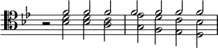 { \override Score.TimeSignature #'stencil = ##f \time 4/2 \key bes \major \clef tenor \relative f' { r2 << { f f f f f f f } \\ { <d bes> q <c a> <ees g,> <d f,> <c ees,> <bes d,> } >> } }