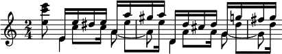 { \key c \major \time 2/4 \relative e'' { <e c' e>8 << { e,16[ e' dis e] a,[ a' gis a] d,,[ d' cis d] g,[ g' fis g] } \\ { e,4 a8 ~ a d,4 g8 ~ g } \\ { \stemDown s16 c8[ c16] s e8[ e16] s a,8[ a16] s d8[ d16] } >> } }