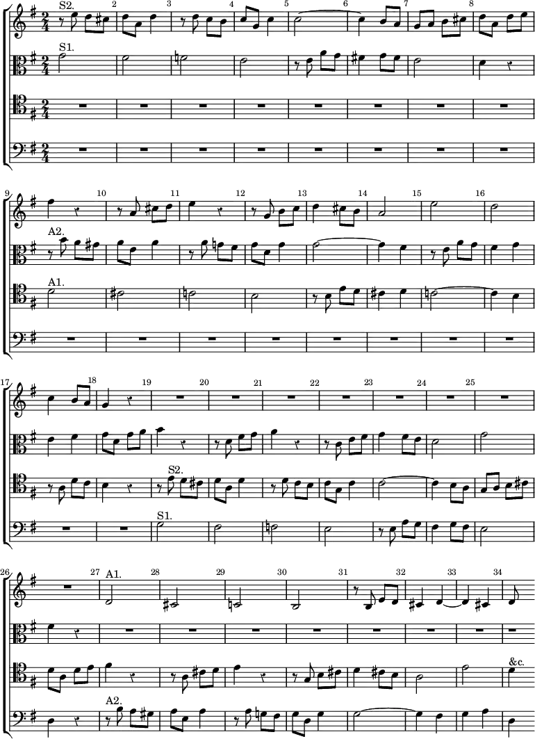 \new ChoirStaff << \override Score.Rest #'style = #'classical \override Score.BarNumber.break-visibility = ##(#f #t #t) \set Score.barNumberVisibility = #all-bar-numbers-visible
  \new Staff \relative e'' { \key g \major \time 2/4
    r8^"S2." e d cis | d a d4 | r8 d c b | c g c4 | c2 ~ c4 b8 a |
    g a b cis | d a d e | fis4 r | r8 a, cis d | e4 r | r8 g, b c |
    d4 cis8 b | a2 | e' d c4 b8 a | g4 r R2*8 | d2^"A1." |
    cis2 c! b | r8 b e d | cis4 d ~ d cis d8 s }
  \new Staff \relative g' { \clef alto \key g \major
    g2^"S1." fis f e | r8 e a g | fis!4 g8 fis | e2 d4 r |
    r8^"A2." b' a gis | a e a4 | r8 a g! fis | g d g4 | g2 ~ g4 fis |
    r8 e a g | fis4 g | e fis | g8 d g a | b4 r | r8 d, fis g |
    a4 r | r8 c, e fis | g4 fis8 e | d2 g fis4 r R2*7 r1*1/4 }
  \new Staff \relative d' { \clef tenor \key g \major
    R2*8 d2^"A1." cis c! b | r8 b e d | cis4 d | c!2 ~ c4 b |
    r8 a d c | b4 r | r8 e^"S2." d cis | d a d4 | r8 d c b |
    c g c4 | c2 ~ c4 b8 a | g a b cis | d a d e | fis4 r
    r8 a, cis d | e4 r | r8 g, b cis | d4 cis8 b | a2 e' d4^"&c." }
  \new Staff \relative g { \clef bass \key g \major
    R2*18 g2^"S1." fis f! e | r8 e a g | fis4 g8 fis | e2 d4 r |
    r8^"A2." b' a gis | a8 e a4 | r8 a g! fis | g d g4 |
    g2 ~ g4 fis g a d, } >>