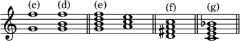 { \override Score.TimeSignature #'stencil = ##f \time 2/1 <f'' g'>1^"(c)" <f'' b' g'>^"(d)" \bar "||" <f'' d'' b' g'>^"(e)" <e'' c'' a'> \bar "||" <c'' a' fis' d'>^"(f)" \bar "||" <bes' g' e' c'>^"(g)" \bar "||" }