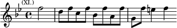 \relative f'' { \key bes \major \time 4/4 \partial 2 \mark \markup \tiny { (XI.) } f2 | d8 f c f bes, f' a, f' | g, f' e4 f }