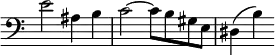 { \override Score.TimeSignature #'stencil = ##f \time 4/4 \clef bass \relative e' { e2 ais,4 b | c2 ~ c8 b gis e | dis4( b') } }