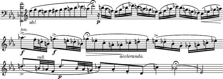 { \relative a' { \key ees \major \clef bass \override Score.TimeSignature #'stencil = ##f \cadenzaOn
  <aes d, f, ces ees,>2 \clef treble f'8[^\(_"ah!" g f e f fis g aes a bes ces aes(] d2)\)\fermata %end line 1
  r16\p b([ aes f)] e[( g bes des)] c([ a ges ees!])
    d([ f aes ces)] bes([ g e des]) %end line 2
  c\<([ ees ges a)] \bar "" aes8.[(\f->^\markup \small \italic "ten."
    f32-. d-. b-.]) g'8.\f->([ e32-. des-. bes-.])
    ges'16\fermata[(\> ees-. c-. a-. aes-.\!_\markup \italic "acclerando." ces-. d-. f-.)] %end line 3
  e->([ des-. bes-. g-.] ges[-. a-. c-. ees]-.) \bar ""
    d8.->[\( b32^\markup \small \italic "rall." aes f]
    d'8.[\p b32 aes g] ces8-.\)[ aes-. f-. d]( c'4) bes2(\fermata \bar "|" ees,) } }