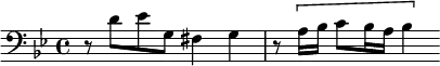 \relative d' { \clef bass \key g \minor \time 4/4 r8 d ees g, fis4 g | r8 \[ a16 bes c8 bes16 a bes4 \] }