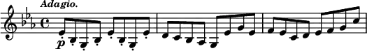 { \time 4/4 \key ees \major \tempo \markup { \smaller \italic Adagio. } \relative e' { ees8-.\p bes-. g-. bes-. ees-. bes-. g-. ees'-. d c bes aes g ees' g ees f ees c d ees f g c } }