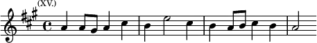 \relative a' { \key a \major \time 4/4 \mark \markup \tiny { (XV.) } a4 a8 gis a4 cis | b e2 cis4 | b a8 b cis4 b | a2 }