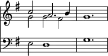 { \override Score.TimeSignature #'stencil = ##f \time 3/2 \key g \major << \relative c'' << { c2 a2. b4 g1. } \\ { g2 g fis } >>
\new Staff { \clef bass \key g \major e2 d1 g1. } >> }