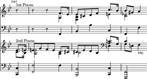 { << \new Staff << \override Score.Rest #'style = #'classical \override Score.TimeSignature #'stencil = ##f \mark \markup \small "(m)" \key bes \major \time 3/4 \partial 4
 \new Voice \relative f' { \stemUp
  r4^"1st Piano." | r r f8. ees16 |
  ees8[ cis d f] c'8. bes16 | bes8 gis a4 }
 \new Voice \relative a { \stemDown
  s4 | s2 a4 | <bes f> s e | <ees! c>2 } >>
\new Staff { \clef bass \key bes \major r4 r r f, bes, bes c f, f }
\new Staff << \key bes \major
 \new Voice \relative e' { \stemUp
  ees8.^"2nd Piano." e16 | e8[ g f e] c8. cis16 |
  cis8[ ees d bes] \clef bass <c a>8. g16 | c4 }
 \new Voice \relative c' { \stemDown
  c8. bes16 | <a e'>2 a4 | bes2 e,4 | g8 e f4_"etc." } >>
\new Staff { \clef bass \key bes \major
 <c c,>4 | <f f,>2 f4 | <bes, bes,,>2 <c c,>4 | <f, f,,>2 } >> }