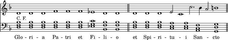 
<< <<
\new Staff { \clef treble \time 4/4 \key g \dorian \omit Staff.TimeSignature \set Score.tempoHideNote = ##t \override Score.BarNumber  #'transparent = ##t
\relative c' { \cadenzaOn
d1 d d f f f es d d \cadenzaOff \bar"||" d \bar"" \cadenzaOn d d e2 c1 c'2. bes4 a2 b1 \bar"||"
} }
\new Staff { \clef bass \key g \dorian \omit Staff.TimeSignature
\relative c {
<d f bes>^\markup { "C. F." } q q q q q <es g c> <bes f' bes> q
<d f bes> q q <c e a> q <a c f> <g d' g>
} }
\new Lyrics \lyricmode {
Glo1 -- ri -- a Pa -- tri et Fi -- li -- o
et Spi -- ri -- tu -- i San -- cto
}
>> >>
\midi { \tempo 1 = 70 }
